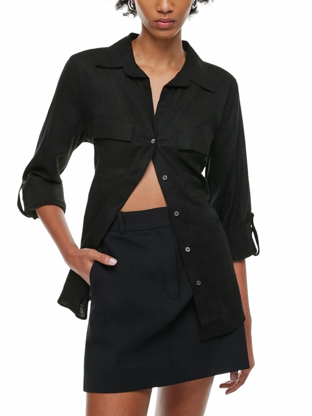 Aritzia Babaton Utility Linen Button-Up Shirt Black Linen Blend Sz L